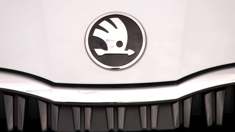 Overhead closeup of the Skoda badge on an Octavia
