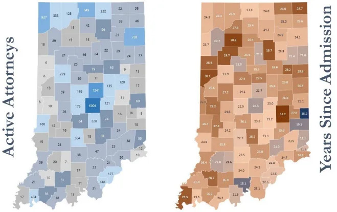  Many active attorneys have clustered in urban areas. Lawyers in rural counties are generally older. The darkest blue counties have the most attorneys, and the darkest brown counties have the oldest. (Screenshot from Commission on Indiana’s Legal Future final report)