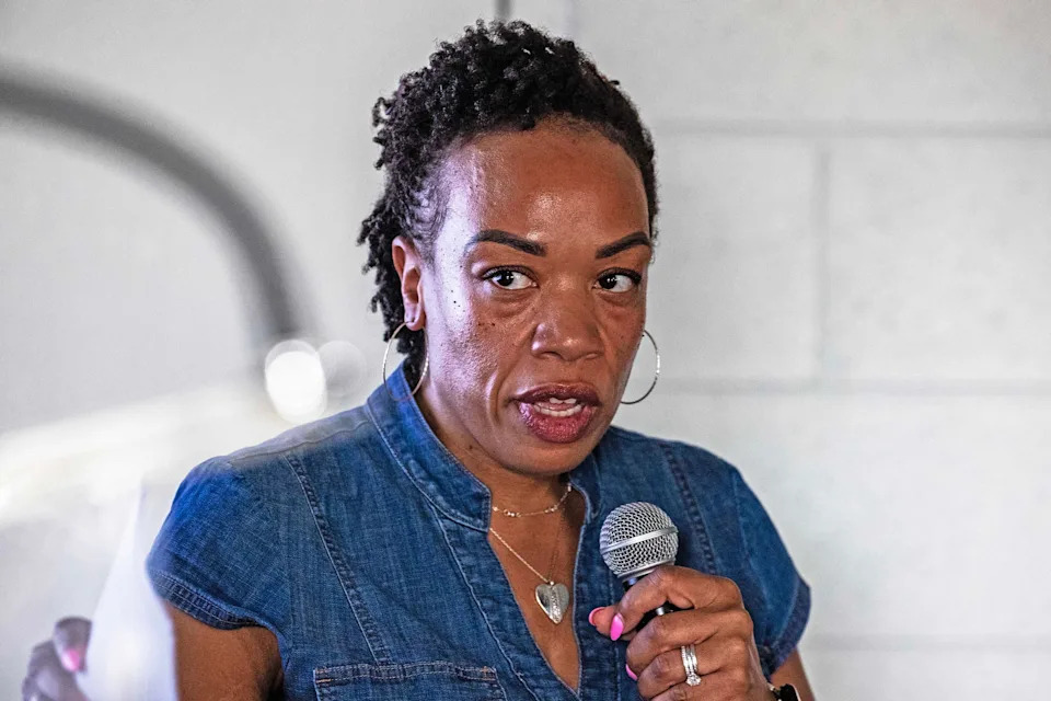 House Speaker Melissa Minor-Brown speaks during a town hall organized to allow the community to hear from DNREC officials and Delaware City Refinery representatives about the communityÕs concerns about the ongoing emissions of excess sulfur dioxide, a toxic gas, from the refinery, at the Kirkwood Sports in New Castle on June 5, 2025.