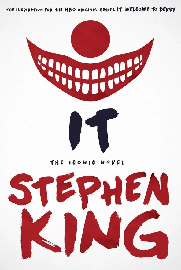 Book cover for Stephen King's "It" featuring a stylized clown face above the title, promoting the HBO series inspired by the novel