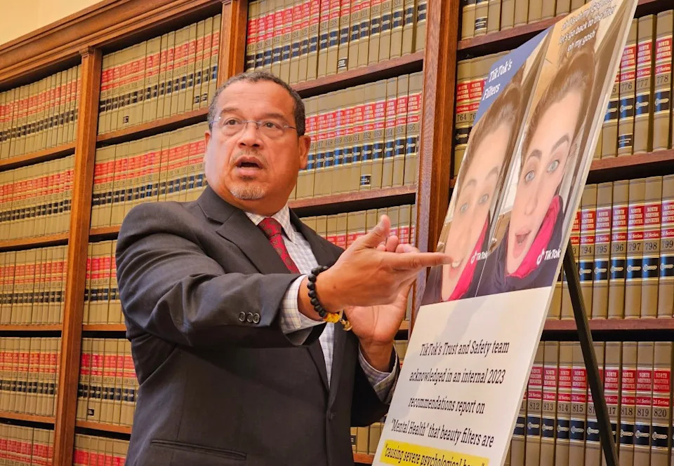Minnesota Attorney General Keith Ellison briefs reporters in his office about the lawsuit he filed against social media giant TikTok, alleging it preys on young people with addictive algorithms. AP