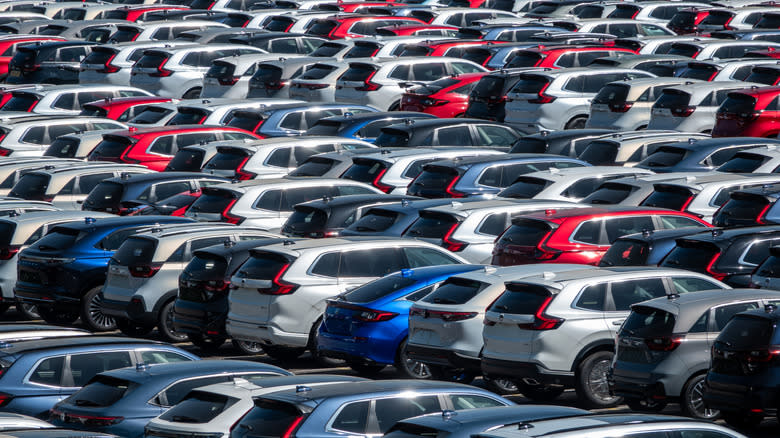 Recently imported brand new unregistered Honda cars are parked in a storage yard as they wait delivery to car dealerships at the Port of Bristol on May 6, 2025 near Bristol, England. After US President Donald Trump announced a series of new import tariffs, claiming these will boost American manufacturing and protect jobs, the world economy has been thrown into chaos and uncertainty.