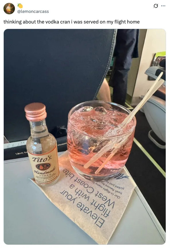 Vodka cran drink with Tito's bottle, plastic straw, and Delta napkin on an airplane tray table