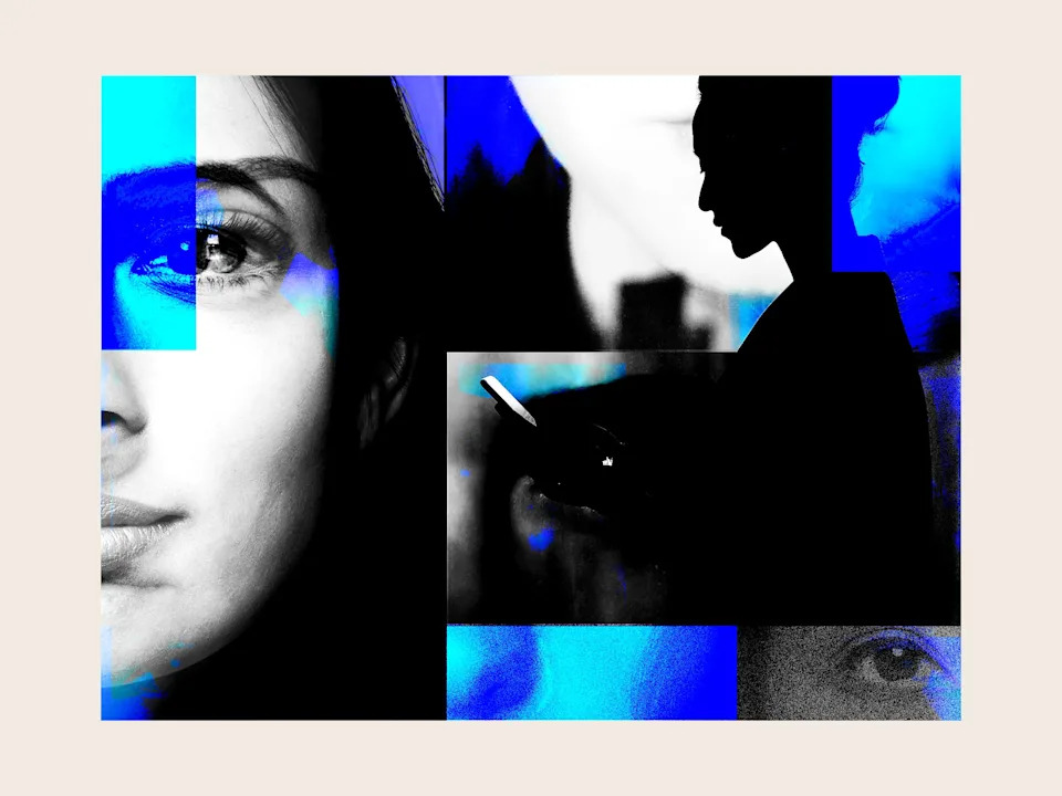 Distorted images of a woman's face and a silhouette of a woman texting.