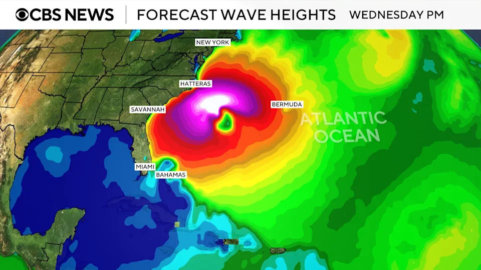 A map shows forecast wave heights along the U.S. East Coast from Hurricane Erin for Wednesday, Aug. 20, 2025. / Credit: CBS News