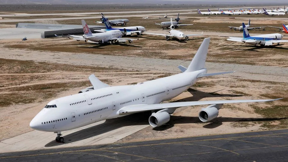 A Boeing 747-8, one of two that had originally been ordered by a now-bankrupt Russian airline and later earmarked for an Air Force One replacement project, is seen parked at Victorville Airport in Victorville, California, U.S., March 26, 2019. - Mike Blake/Reuters/File
