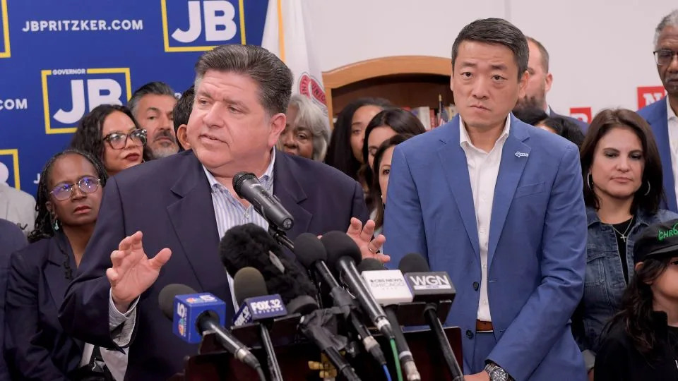 Illinois Gov. JB Pritzker speaks alongside Texas House Democrats during a press conference in Carol Stream, Illinois, on Sunday. Asked about the potential redistricting efforts led by Democratic governors in California and New York, Pritzker said, “Everything’s got to be on the table.” - Mark Black/AP