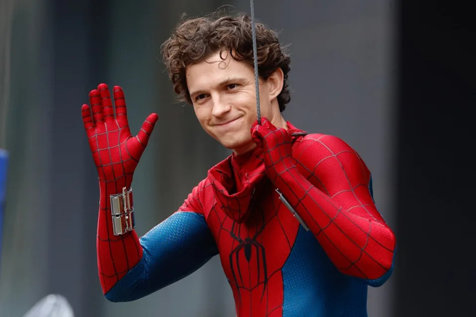 Tom Holland films scenes for the new “Spider-Man” on top of a tank in Glasgow’s city center, which has been transformed into downtown New York City. DMC / SplashNews.com
