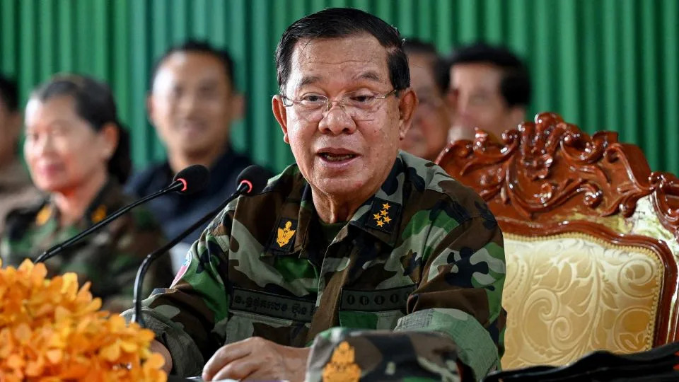 Cambodia's Senate President Hun Sen delivers a speech during his visit to the Cambodian armed forces stationed along the border with Thailand in Oddar Meanchey province on Saturday. - STR/Pool/AFP/Getty Images
