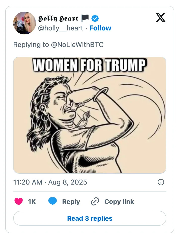 Cartoon of a woman in a "Women for Trump" shirt, spraying a liquid in her face with a mistriggered squirt bottle