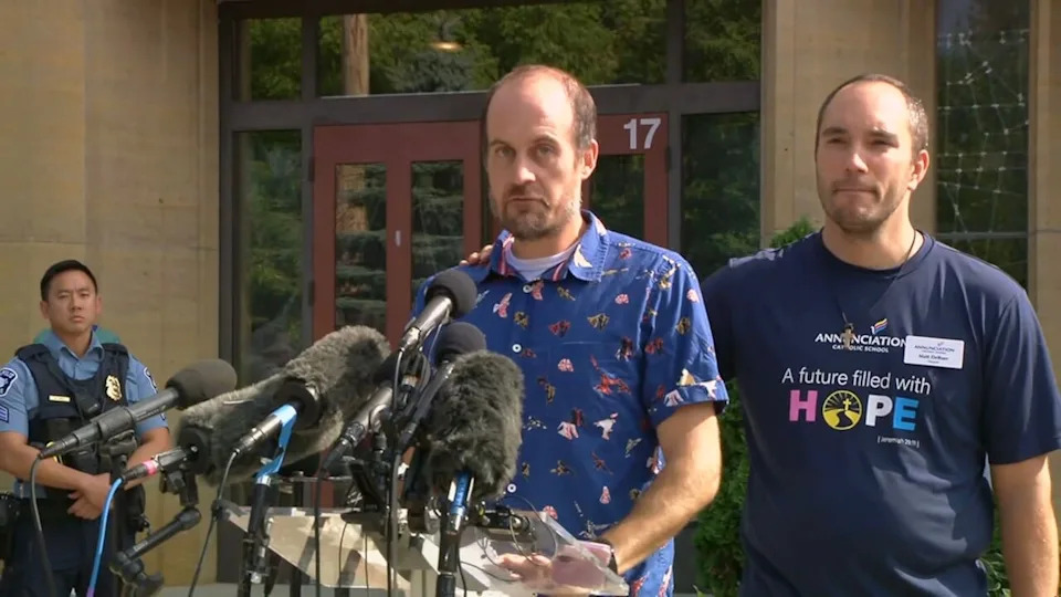 KSTP - PHOTO: Jesse Merkel, the father of 8-year-old Fletcher Merkel, speaks outside Annunciation Catholic Church in Minneapolis, Aug. 28, 2025.