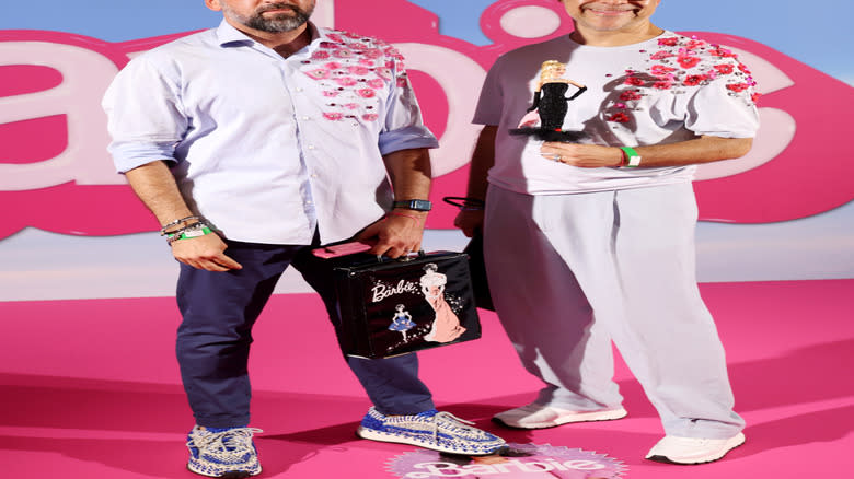 Gianni Grossi and Mario Paglino aka Magia2000 attend the premiere for the movie "Barbie" at Cinema Anteo CityLife on July 18, 2023 in Milan, Italy.