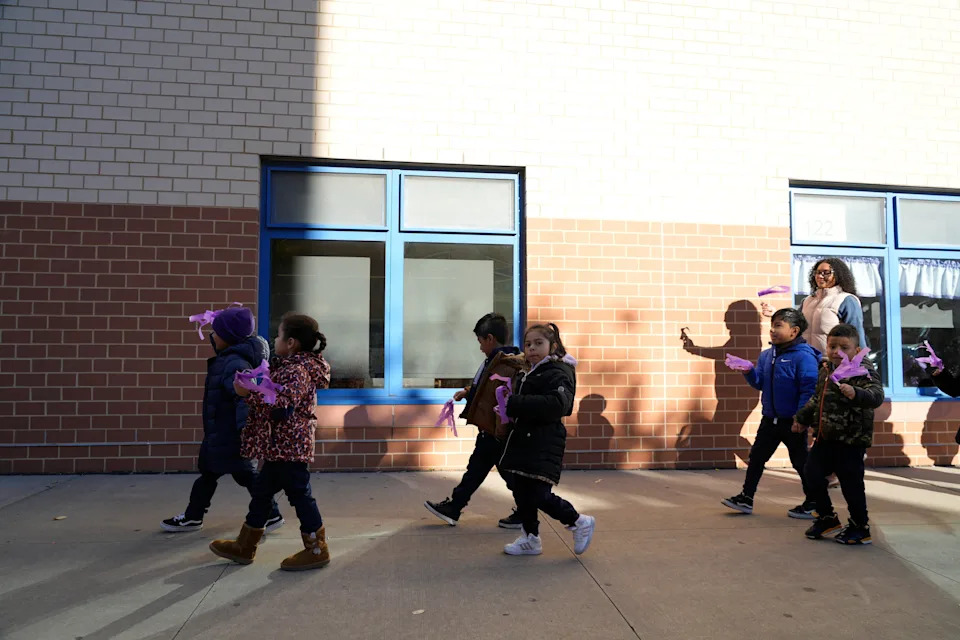 Students do a Ruby Bridges Walk around their school, PS #21, in Passaic, NJ on Tuesday Nov. 14, 2023. Ruby Bridges was six years old and was the first African American child to attend a formerly whites-only William Frantz Elementary School in Louisiana during the New Orleans school desegregation crisis on November 14, 1960.