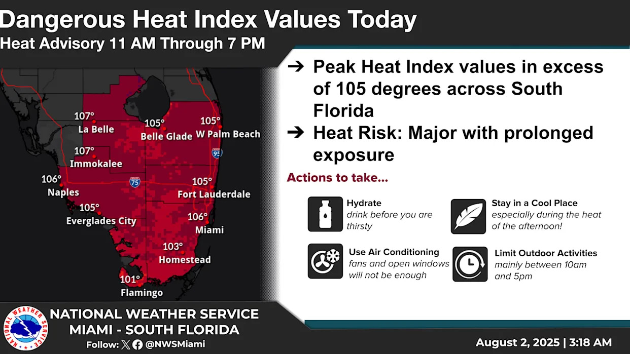 A heat advisory is in effect for Palm Beach County through 7 p.m. today.