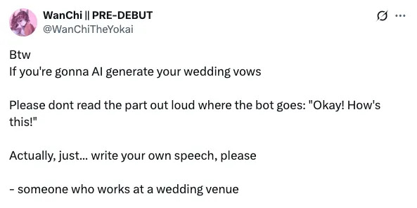Text about AI-generated wedding vows, humorously suggesting people write their own instead