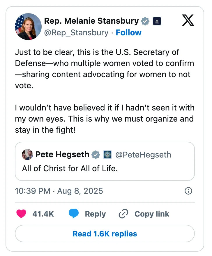Rep. Melanie Stansbury tweet sharing a post by Pete Hegseth. It emphasizes the importance of organization and action for women's voting rights