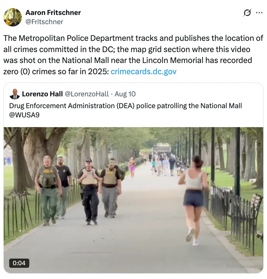 Two officers patrolling the National Mall, as a person jogs past. Text explains a crime report showing zero incidents in 2025 near the Lincoln Memorial