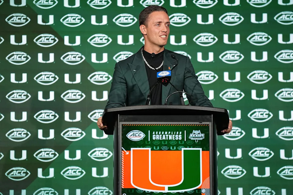CHARLOTTE, NORTH CAROLINA - JULY 22: Quarterback Carson Beck #11 of the Miami Hurricanes speaks during the ACC Football Kickoff at Hilton Charlotte Uptown on July 22, 2025 in Charlotte, North Carolina. (Photo by Matt Kelley/Getty Images)