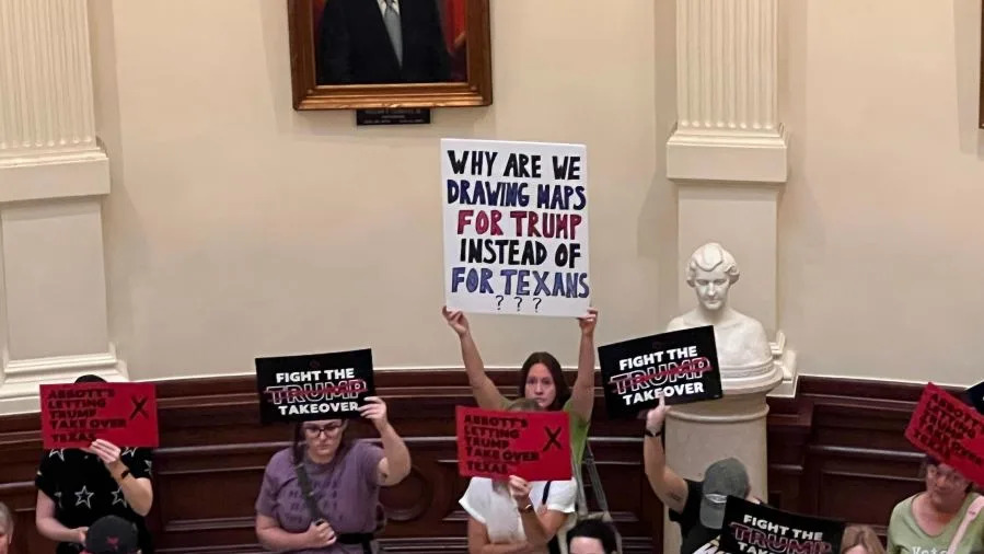 Protesters gather at the Texas Capitol on Aug. 20, 2025, to protest plans for a new congressional map. (KXAN Photo/Todd Bailey)