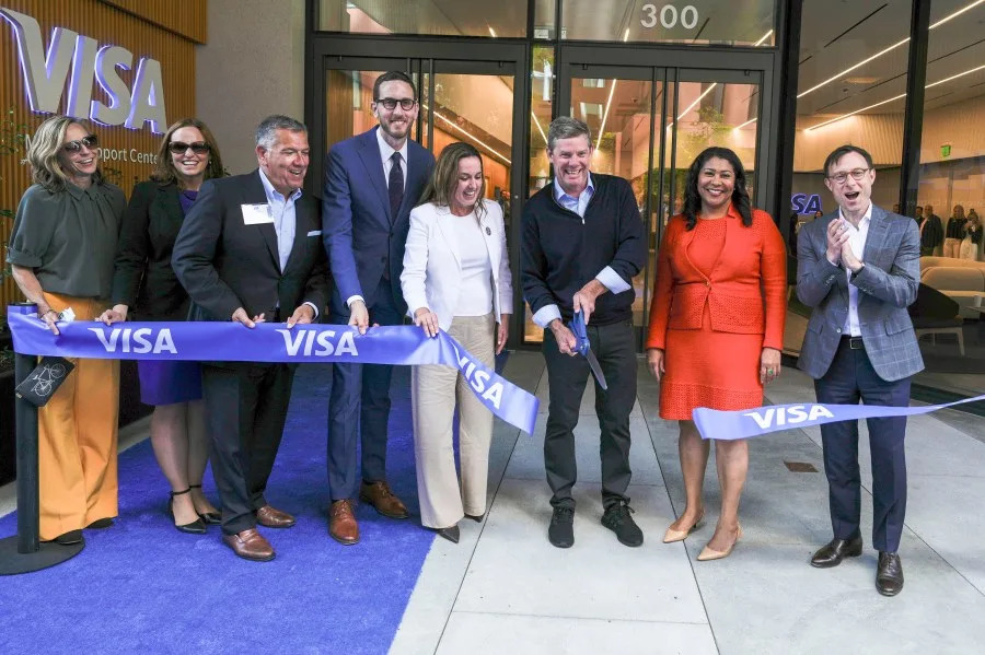From left to right: Sarah Dennis Phillips, executive director of San Francisco, office of economic and workforce development; Elaine Forbes, Executive Director of the Port of San Francisco, San Francisco District 6 Supervisor Matt Dorsey, CA State Senator Scott Wiener, Visa Regional President North America Kimberly Lawrence, Visa CEO Ryan McInerney, San Francisco Mayor London Breed, and Visa Group President of Global Markets Oliver Jenkyn pose for a photo during the ribbon cutting at Visa Mission Rock Grand Opening on Thursday, June 6, 2024 in San Francisco. (Tony Avelar/AP Content Services for Visa)