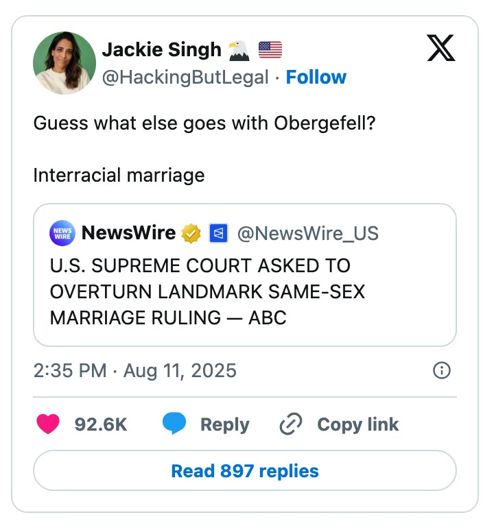 Tweet questioning what goes with Obergefell, mentioning interracial marriage. It shares a news headline about a challenge to same-sex marriage legality