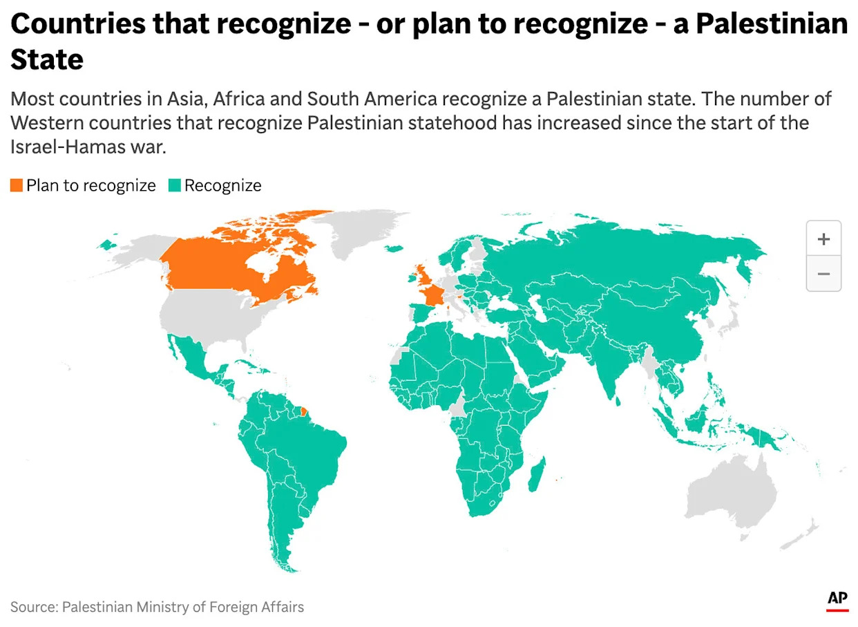 A map showing countries that recognize a Palestinian state and those that plan to