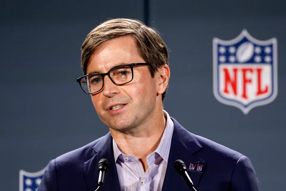 LAS VEGAS, NEVADA - FEBRUARY 09: NFL Executive Vice President, Club Business, International & League Events Peter O'Reilly announce to the media that the NFL will play a regular season game in Madrid, Spain in 2025 during a press conference at the Mandalay Bay North Convention Center on February 9, 2024 in Las Vegas, Nevada. (Photo by Don Juan Moore/Getty Images)