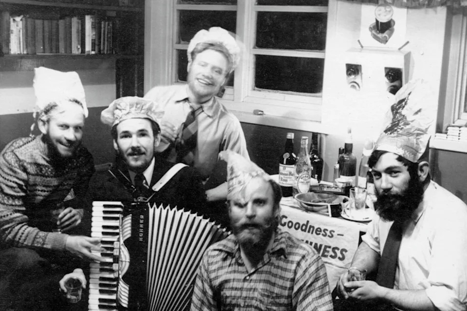 D. Bell - PHOTO: Dennis_"Tink" Bell(far right) during base Christmas festivities for personnel from Admiralty Bay Station, c. 1958.