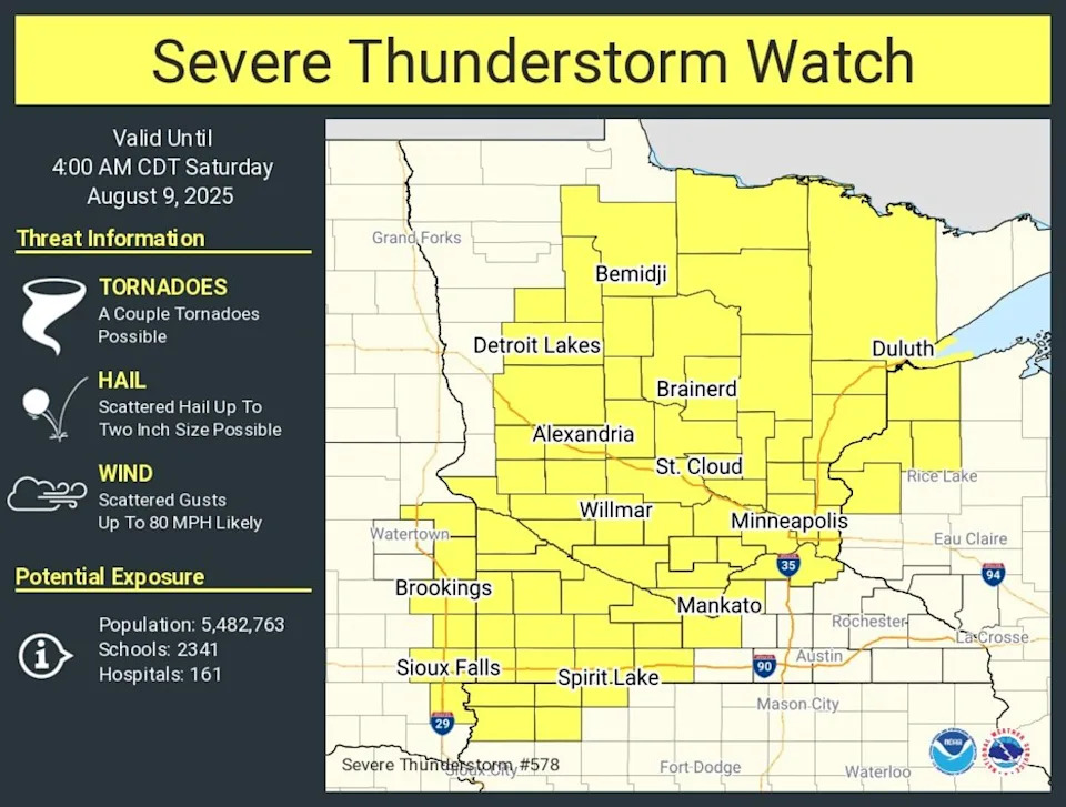 Massive severe thunderstorm watch for overnight 80 mph wind threat in Minnesota