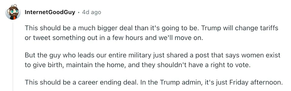 Text post expressing concern over a leader's sexist comment, contrasting it with trivial news distraction, suggesting it should be a major issue