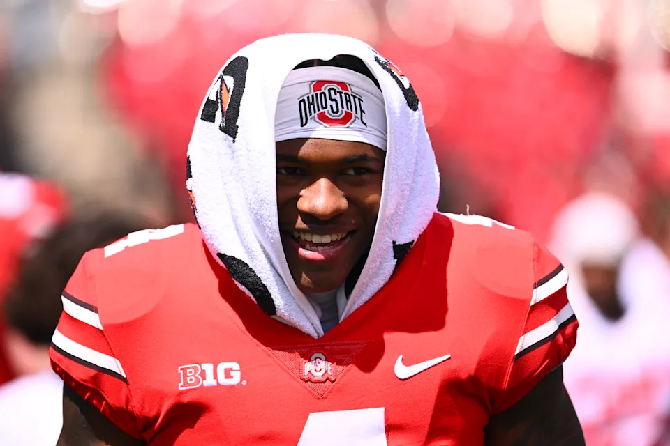 COLUMBUS, OHIO - APRIL 12: Jeremiah Smith #4 of the Ohio State Buckeyes walks off the field following the Ohio State Spring Game at Ohio Stadium on April 12, 2025 in Columbus, Ohio. (Photo by Ben Jackson/Getty Images)
