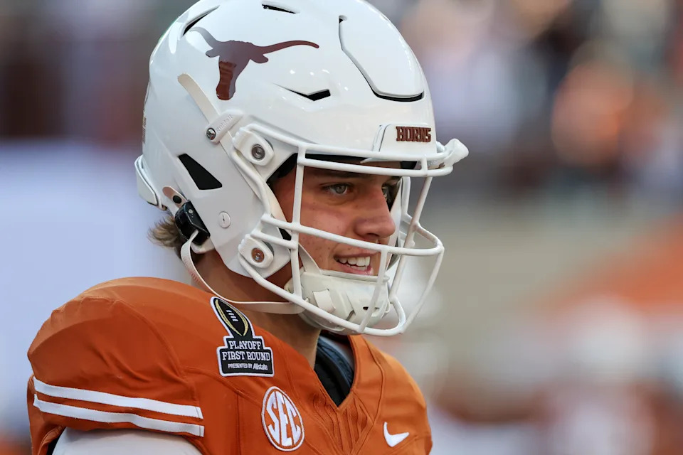 AUSTIN, TX - DECEMBER 21: Texas Longhorns quarterback Arch Manning (16) smiles during warmups before the CFP First Round game between Texas Longhorns and Clemson Tigers on December 21, 2024, at Darrell K Royal - Texas Memorial Stadium in Austin, TX. (Photo by David Buono/Icon Sportswire via Getty Images)