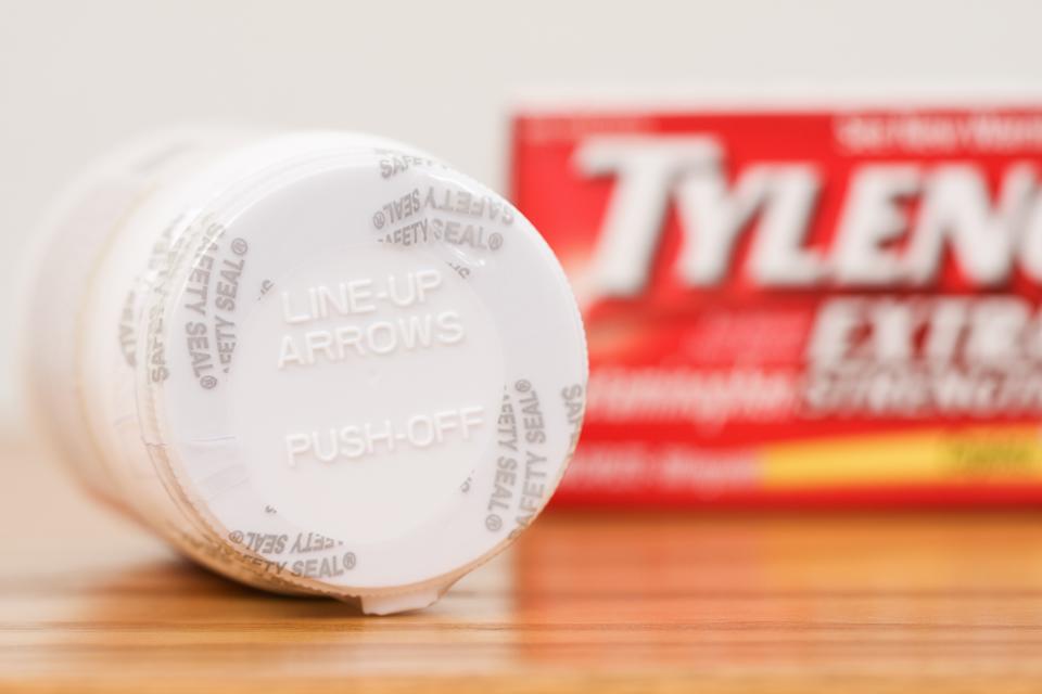 Tylenol bottle cap with alignment arrows and "Push-Off" text for opening