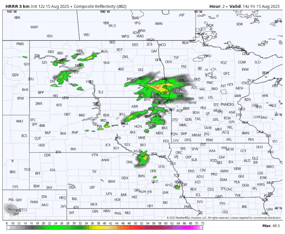 The HRRR model's radar simulation from 9 a.m. to midnight.WeatherBell