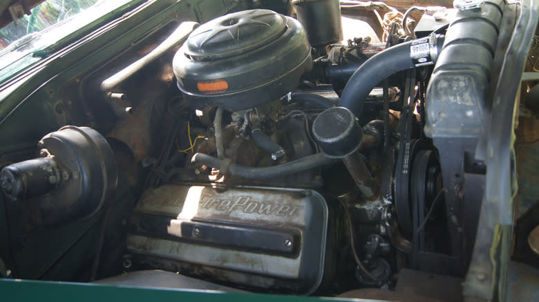 A 331 Hemi V8 under the hood of a 1954 Chrysler New Yorker