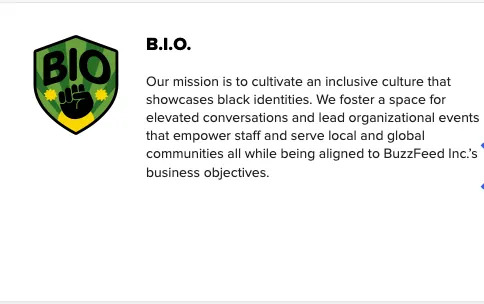 BIO mission statement emphasizes fostering inclusive culture, showcasing Black identities, empowering staff, serving communities, and aligning with BuzzFeed Inc.'s goals