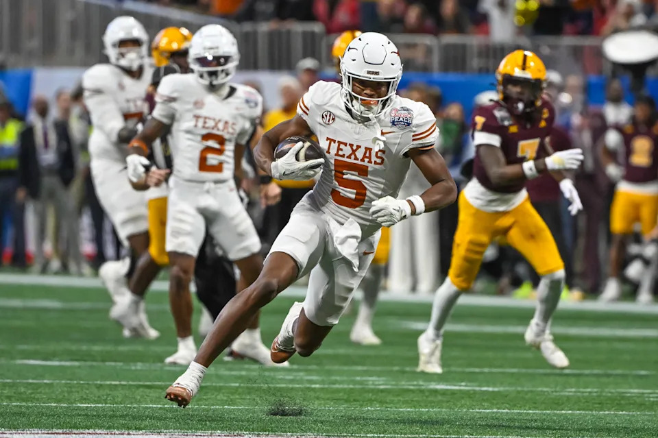 ATLANTA, GA - JANUARY 01: Wide Receiver Ryan Wingo #5 of the Texas Longhorns during the Texas Longhorns versus Arizona State Sun Devils College Football Playoff Quarterfinal at the Chick-fil-A Peach Bowl on January 1, 2025, at Mercedes-Benz Stadium in Atlanta, GA. (Photo by John Adams/Icon Sportswire via Getty Images)