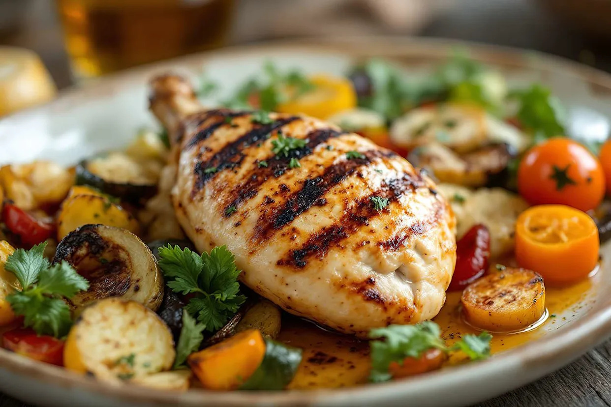 Getty Images a dish of grilled chicken with a variety of roasted vegetables- stock image