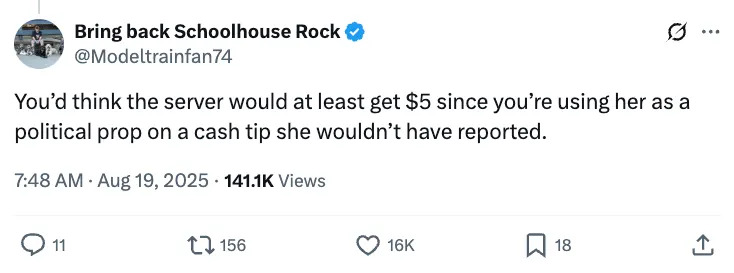 Tweet from @Modeltrainfan74 commenting on under-tipping a server used as a political prop; suggests server should receive $5