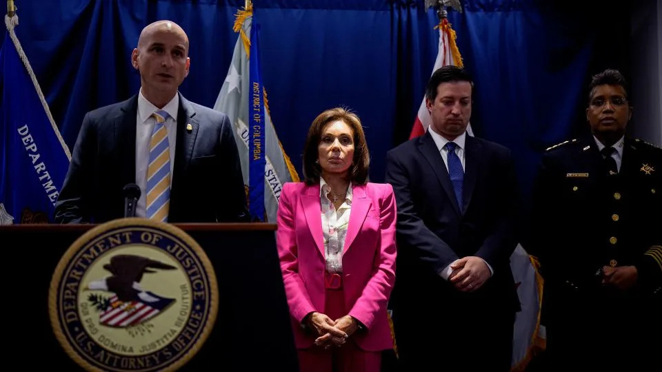 From left: FBI Acting Assistant Director in Charge Phillip Bates, US Attorney for the District of Columbia Jeanine Pirro, the head of violent crime and narcotics trafficking for the US Attorney's office David Hancock and Metropolitan Police Department Chief of Police Pamela Smith, during a news conference in Washington, DC, on August 26, 2025. - Andrew Harnik/Getty Images
