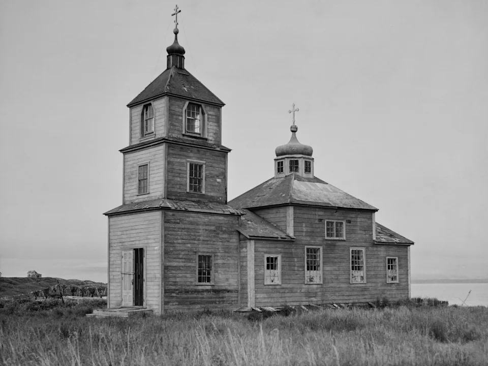 A wood-built Russian Orthodox Church, dating from when the region was under Russian rule (from 1799 to 1867) in St. Michael, Alaska, circa 1895.