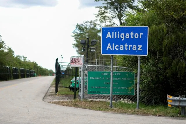 Joe Raedle/Getty Alligator Alcatraz signage on Aug. 3, 2025.