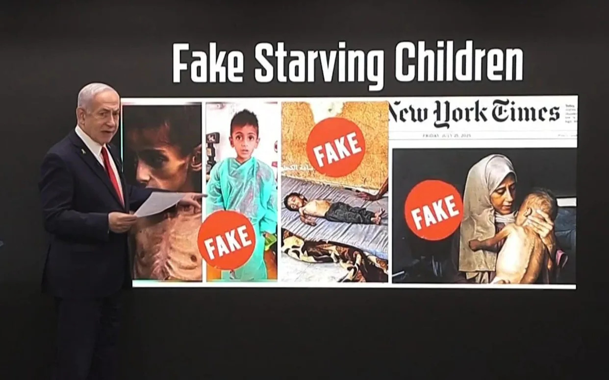 Photos of emaciated children shown at the briefing were labelled 'fake'