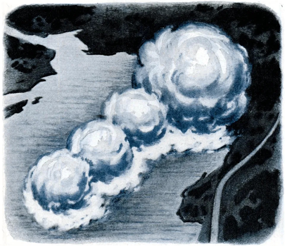 
An illustration depicts four large, round, white and blue explosions rising from a body of water, resembling a series of mushroom clouds. A dark coastline is visible to the right and top left, while the main area is a lighter expanse of water, suggesting a landscape affected by the blasts.