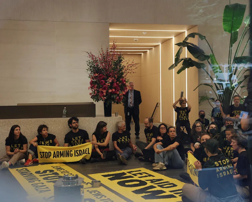 <span>Pro-Palestinian demonstrators gather at the office of Chuck Schumer and Kirsten Gillibrand, in New York City.</span><span>Photograph: Jeenah Moon/Reuters</span>