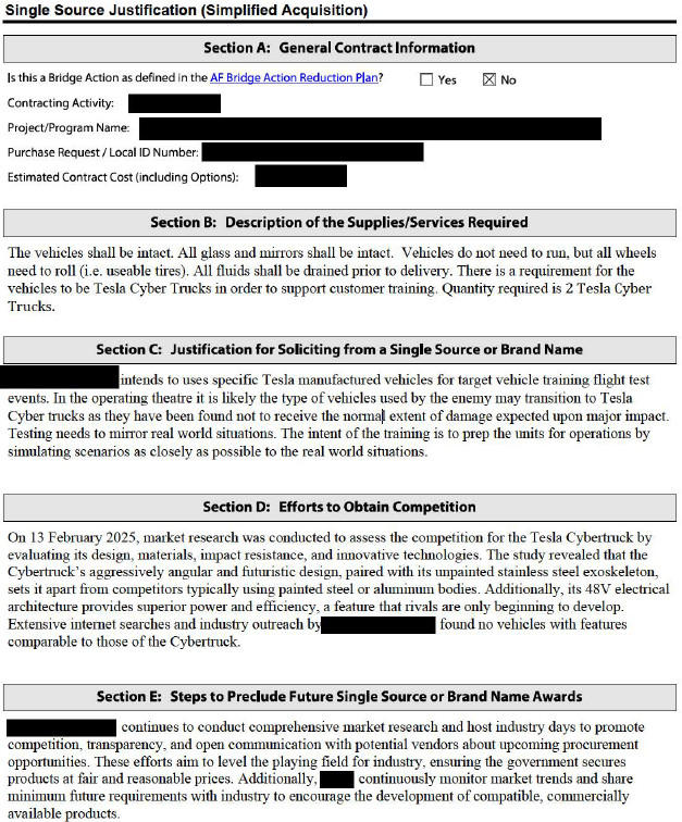 USAF procurement document for Tesla Cybertrucks.