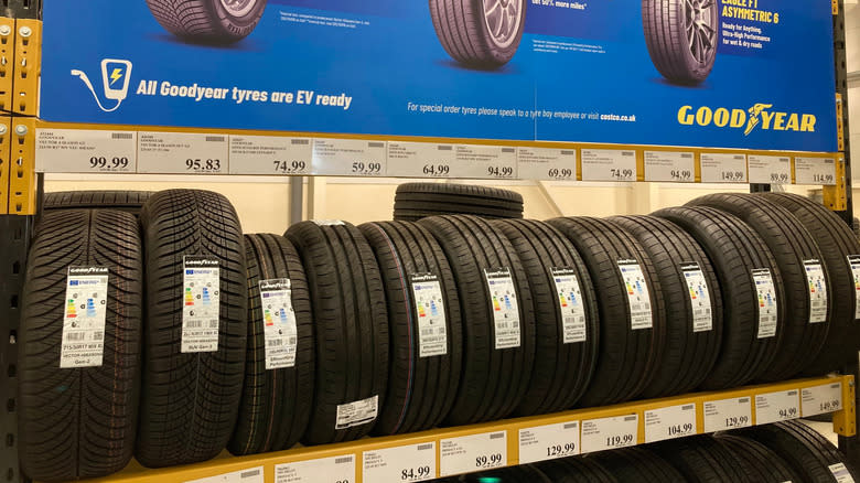 Tires on sale in a UK Costco warehouse.