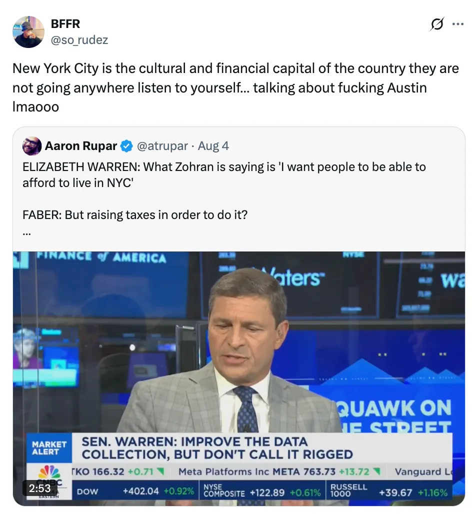 TV segment screenshot discussing affordability in NYC, with a tweet about NYC being the cultural and financial capital, dismissing Austin