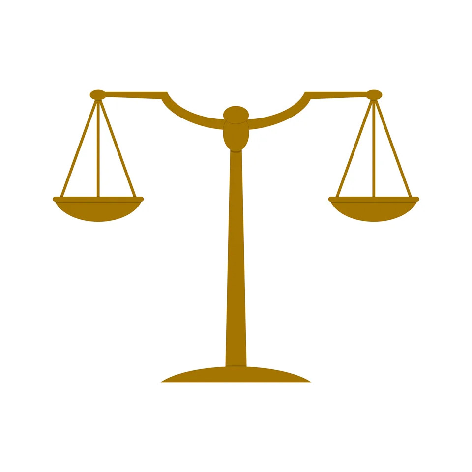 A simple illustration of a balance scale with evenly balanced pans, symbolizing justice or fairness