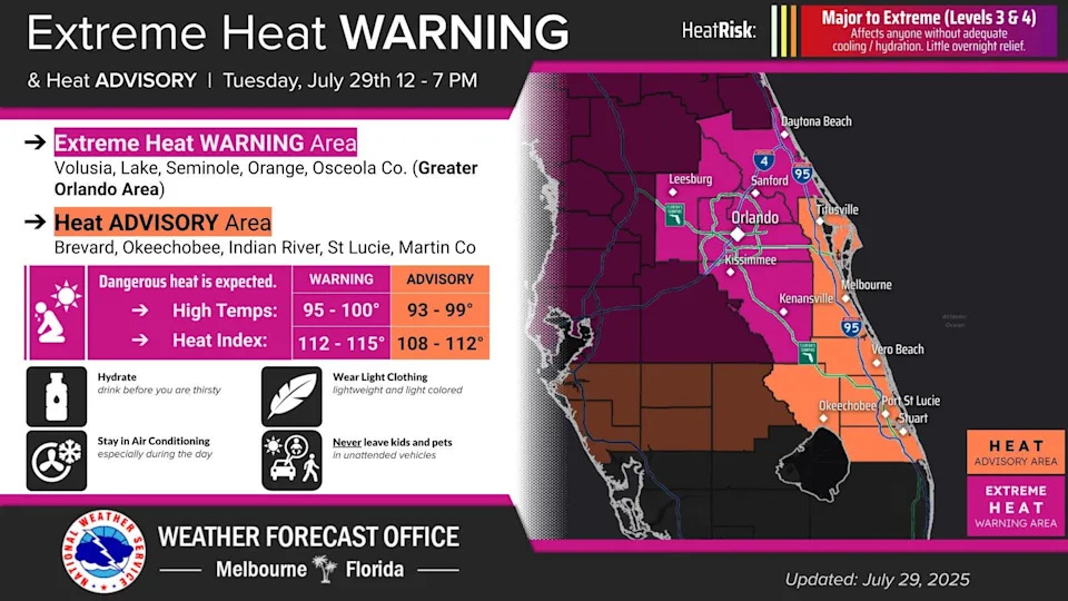Extreme heat warning and heat advisory issued for east central Florida July 29, 2025.